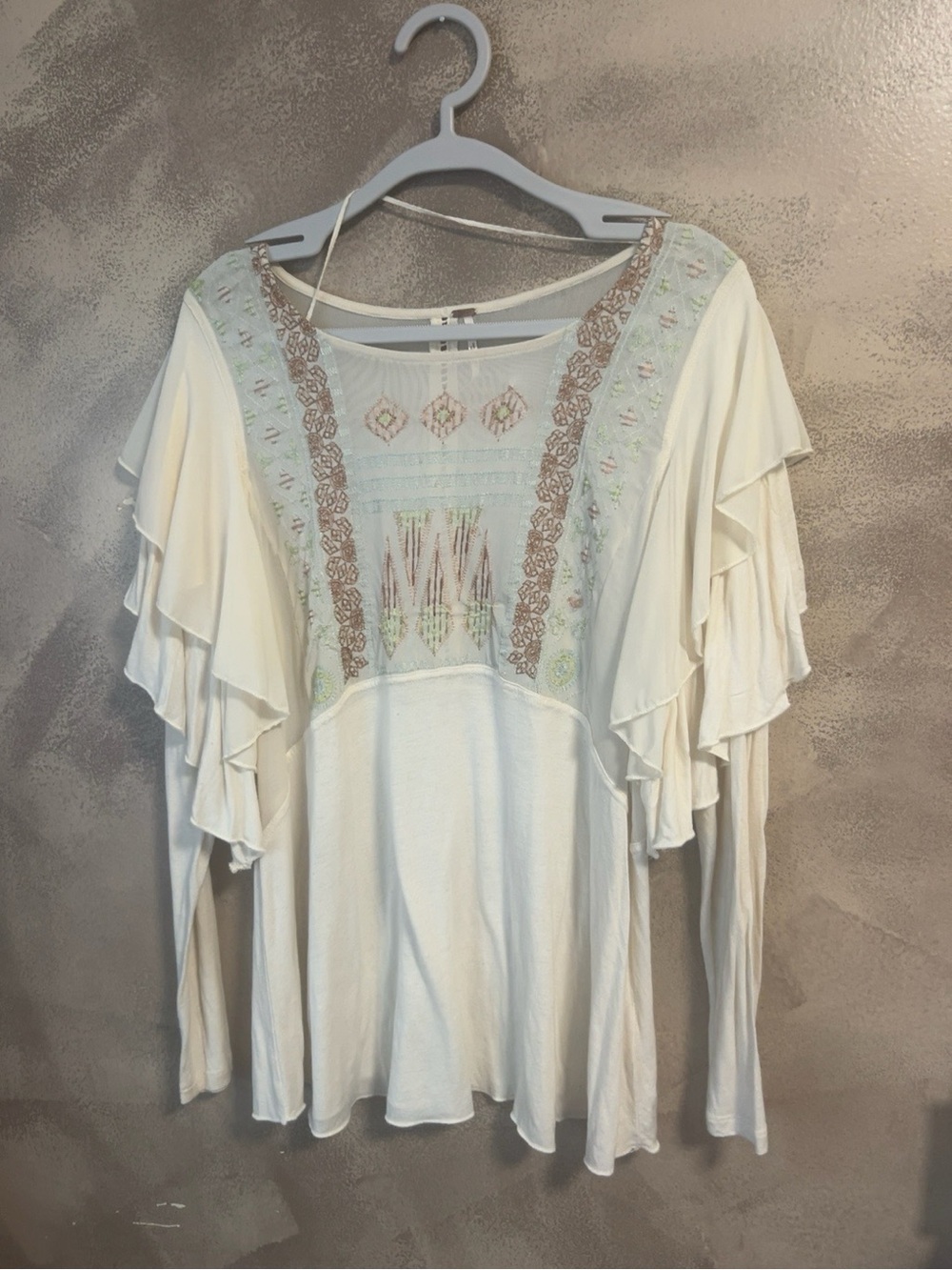 Free People Embroidered Flutter Sleeve Boho Top Roomy Medium